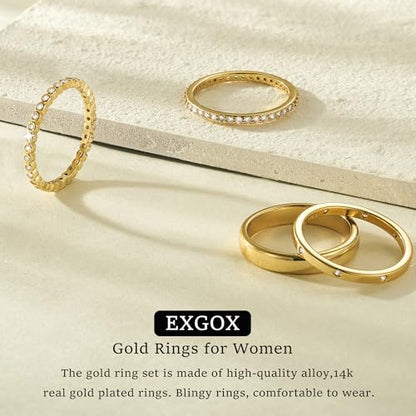 EXGOX Dainty Stackable Gold Rings - 14K Gold Plated, Non Tarnish Cubic Zirconia Stacking & Thumb Knuckle Rings (4pcs Size 7-11) - color: Gold Bands Rings, size: 11
