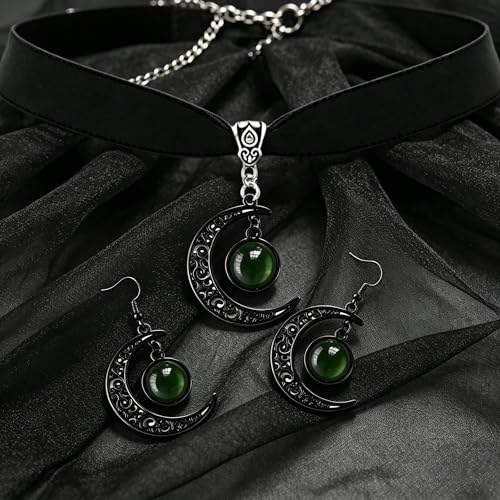 ONLYJUMP Gothic Witch Moon Earrings Necklace Set for Women Goth Black Velvet Moon Choker Necklace Moon Zirconia Dangle Drop Earrings Dark Halloween Witch Vampire Jewelry - color: Green