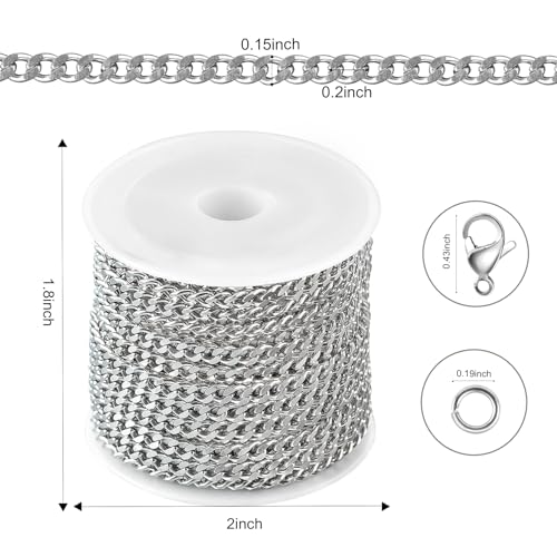 Kyutong Twist Curb Link Chain Bulk Silver Jewelry Making Chain Supplies | 16.4 Feet Stainless Steel Chain Roll Silver Jewelry Craft DIY Chain Links for Necklace Bracelet Making with Clasps - color: Silver Curb