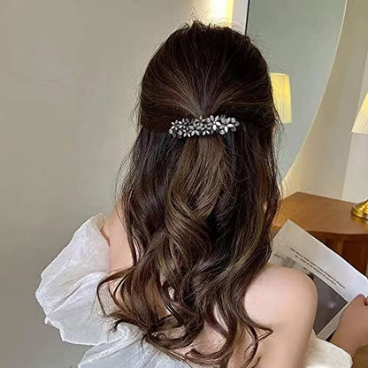 Flower Rhinestone Hair Barrettes for Women Fine Hair Glitter Sparkle Fancy Hair Clips for Women And Girls Elegant Pearl Barrettes (Light Grey) - color: Light Grey