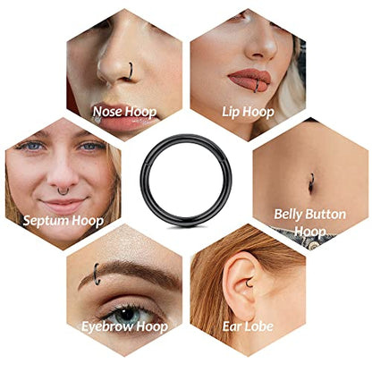 LOYALLOOK 8Pcs G23 Titanium Hinged Clicker Segment Nose Rings Hoop Septum Nose Lip Ring Hoop for Women Men Helix Cartilage Daith Tragus Sleeper Earrings Body Piercing Improved 16G - color: 18G-Black