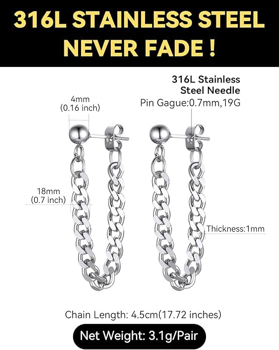ChainsHouse Stud Earrings for Men Women,316L Stainless Steel/14K Gold/Black Plated Metal, Punk Hypoallergenic Surgical Huggie Hoop Earrings Mens Jewelry Piercing Hoop Earrings - style: C: Steel-Cuban Chain