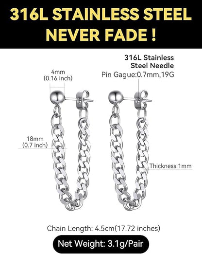 ChainsHouse Stud Earrings for Men Women,316L Stainless Steel/14K Gold/Black Plated Metal, Punk Hypoallergenic Surgical Huggie Hoop Earrings Mens Jewelry Piercing Hoop Earrings - style: C: Steel-Cuban Chain