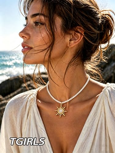 Tgirls Boho Beaded Choker Necklace Opal Bead Necklace Sun Pendant Summer Jewelry for Women - color: White