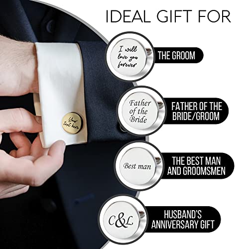 Custom engraved cufflinks for men, personalized wedding gift for groom, father of the bride & groom dad, best men, customized gold & silver cufflinks with dates, quotes or couples initials from bride - style: Your own text