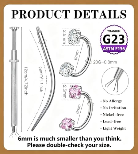 G23 Titanium Horseshoe Nose Ring 20G, 2 Pcs Double Gem Nose Ring for Women, 6mm 7mm 8mm Hypoallergenic Horseshoe Nose Rings Helix Tragus Earring Hoops Labret Lip Piercing Jewelry Small Septum Rings - color: 20G-6mm+8mm-2 Pcs Silver-White & Pink CZ