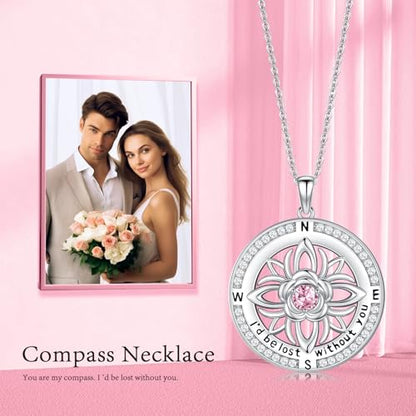Compass Necklace Sterling Silver Nautical Graduation Gift | 925 Sterling Silver compass pendant with meaningful nautical design, jewelry for women, graduation and travel gift - color: Pink