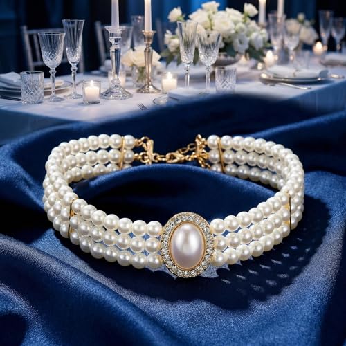 Pearl choker necklaces for women, 3 Row Faux Pearl Necklace Choker with Crystal Rhinestone Centerpiece, Vintage Layered Statement Collar for Wedding Party Evening Costume Jewelry