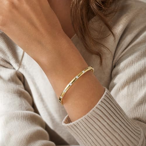 AuraLyric Gold Bracelets for Women, 14K Gold Plated Nail/Love/Emerald Green/Teardrop/Round White CZ Bangle Bracelets, Stackable Gold Bangles Non Tarnish, Gifts for Wife Mom Daughter 6.5 Inch - color: White CZ - Round