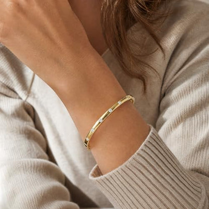 AuraLyric Gold Bracelets for Women, 14K Gold Plated Nail/Love/Emerald Green/Teardrop/Round White CZ Bangle Bracelets, Stackable Gold Bangles Non Tarnish, Gifts for Wife Mom Daughter 6.5 Inch - color: White CZ - Round