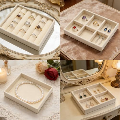 Small Jewelry Tray Set 4 Pcs Beige Velvet Stackable Jewelry Organizer Tray Mini Jewelry Drawer Organizer for Necklace Ring Earrings Jewelry (4 Styles) - color: Beige