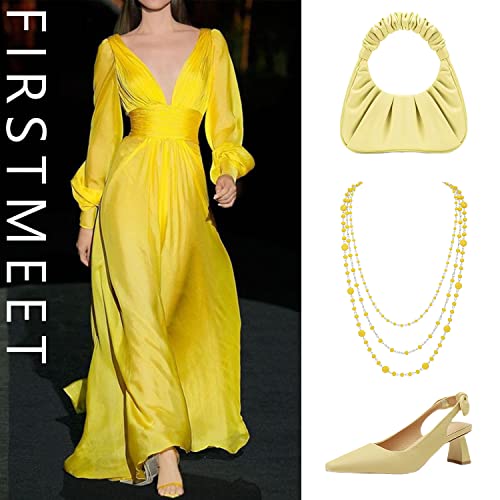 Firstmeet Long Chain Multi Layer Fashion Glass Beads Handmade Necklace for Women - color: Yellow-y
