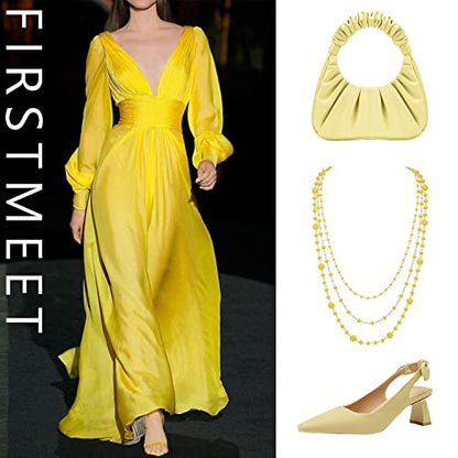 Firstmeet Long Chain Multi Layer Fashion Glass Beads Handmade Necklace for Women - color: Yellow-y
