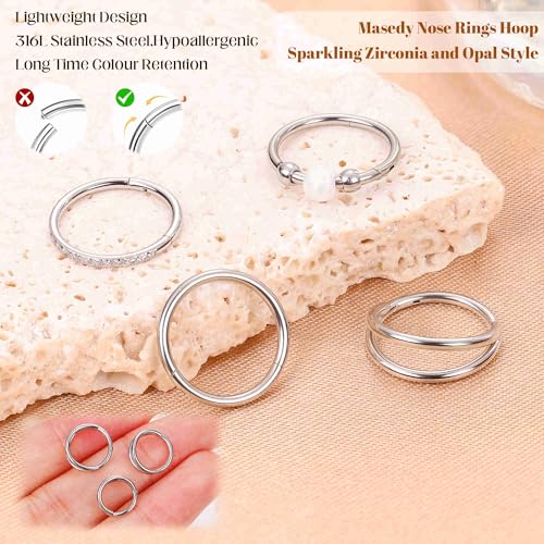 4PCS 18G 20G Surgical Steel Nose Ring Hoop for Women Men Hinged Double Nose Hoop CZ Opal Clicker Septum Nose Hoops Cartilage Conch Tragus Rook Ring Lip Daith Piercing Jewelry Gold Silver 7-9MM - color: Silver, size: 20G-9mm (Relatively Big)