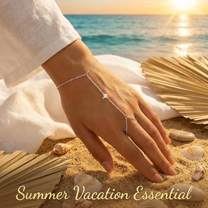 925 Sterling Silver Hand Chain Bracelet for Women | 14k Gold Plated CZ Crystal Heart Starburst Ring Bracelets Hand Chain Diamond Layered Stackable Link Chain Beach Jewelry Gifts - color: SilverA