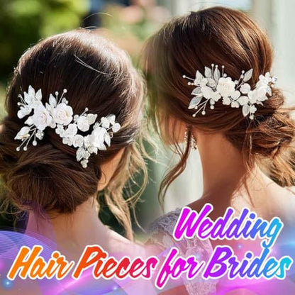 Flower Bride Wedding Hair Vine Pearl Bridal Hair Piece Leaf Hair Accessories Rhinestone Headband for Women (9inches) (Silver) - color: Silver