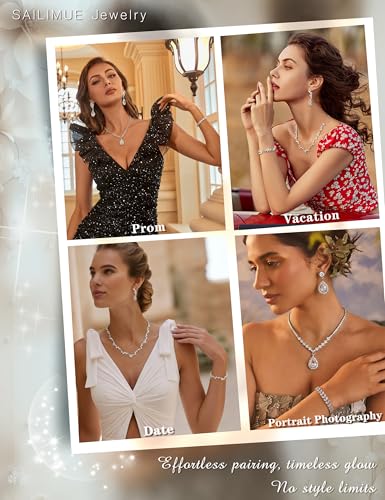 sailimue Wedding Jewelry Sets for Brides Bridesmaid Women Prom jewelry | Silver Plated Rhinestone Crystal Necklace Bracelet Earrings Wedding Bridal Bridesmaid Costume Accessories - color: Silver C