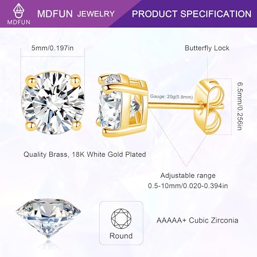 18K White/Yellow Gold Plated Stud Earrings for Men Women 4 Prong Graduated Round Clear Cubic Zirconia Hypoallergenic Earrings Set 3-8MM - color: Yellow Gold Plated, size: 5MM