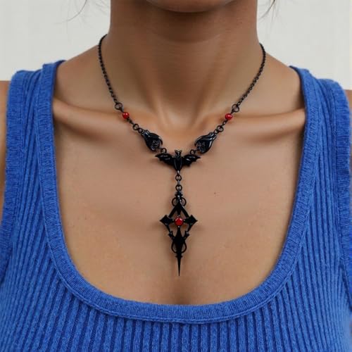Slip Chain Choker for Women Handmade Black Stainless Steel Cuban Chain Chunky Moon Bat Raven Skull Pendant Gothic Punk Rock Collar Adjustable Lariat Y Necklace for Men - style: Bat cross