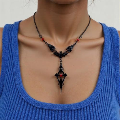 Slip Chain Choker for Women Handmade Black Stainless Steel Cuban Chain Chunky Moon Bat Raven Skull Pendant Gothic Punk Rock Collar Adjustable Lariat Y Necklace for Men - style: Bat cross