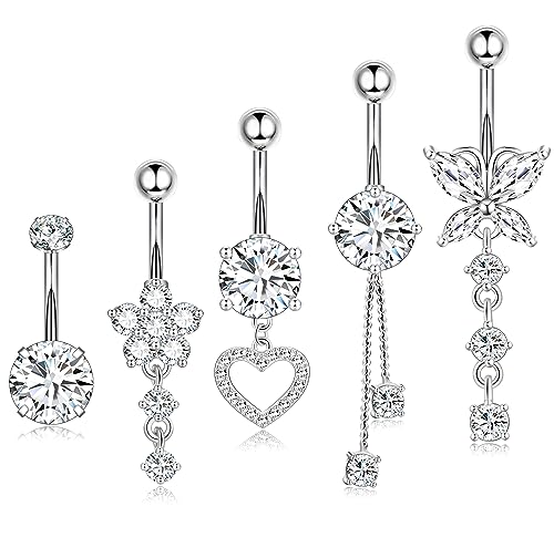 Leocuci Surgical Stainless Steel Dangle Belly Button Rings for Women Belly Ring Dangling Piercing Jewelry with Heart Flower Butterfly14G - color: silver