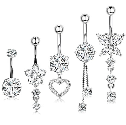 Leocuci Surgical Stainless Steel Dangle Belly Button Rings for Women Belly Ring Dangling Piercing Jewelry with Heart Flower Butterfly14G - color: silver