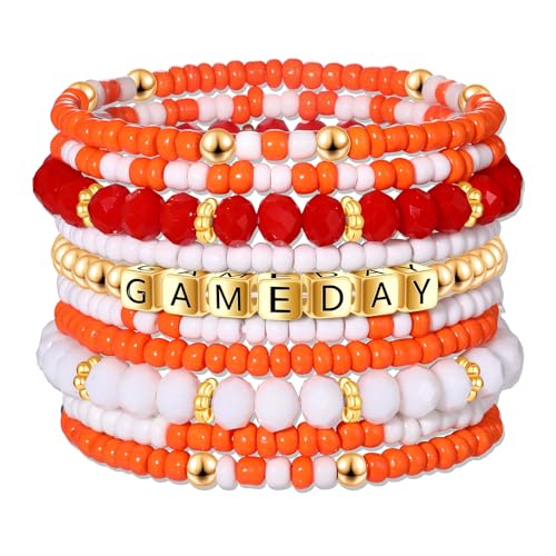 ZOLEAROPY Game Day Bracelets Stack Football Bracelets for Women Men Stackable Game day Bracelet Accessories Football Mom Outfit Jewelry Gifts - color: orange white