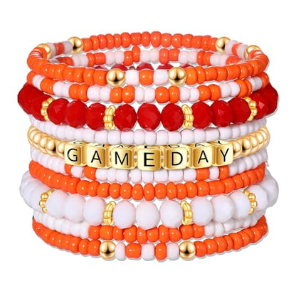 ZOLEAROPY Game Day Bracelets Stack Football Bracelets for Women Men Stackable Game day Bracelet Accessories Football Mom Outfit Jewelry Gifts - color: orange white