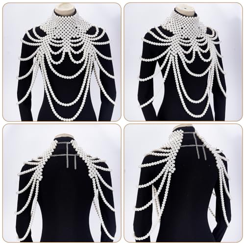 AHANDMAKER 1PC Pearl Body Chain Adjustable Shoulder Necklace White Bra Jewelry Plastic Beaded Chain for Women Party Wedding Backless Dress Costume Decoration 13.86-16.02 Inch