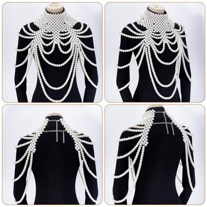 AHANDMAKER 1PC Pearl Body Chain Adjustable Shoulder Necklace White Bra Jewelry Plastic Beaded Chain for Women Party Wedding Backless Dress Costume Decoration 13.86-16.02 Inch