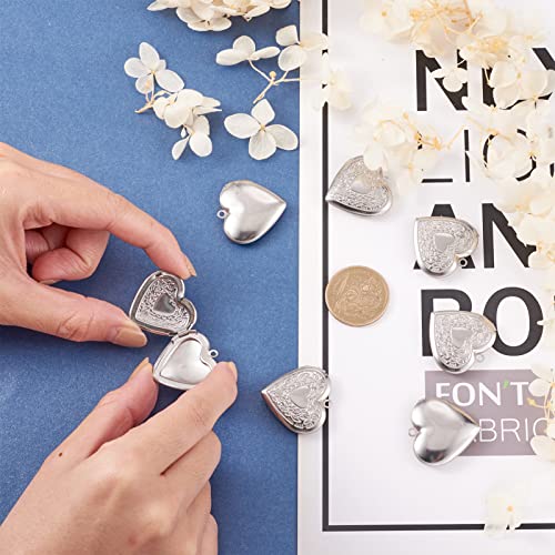 10Pcs 316 Stainless Steel Photo Locket Pendants Heart Carved Pattern Photo Frame Charms Silver Locket Charms for Necklaces DIY Memorial Necklace Making - color: Heart Carved Pattern