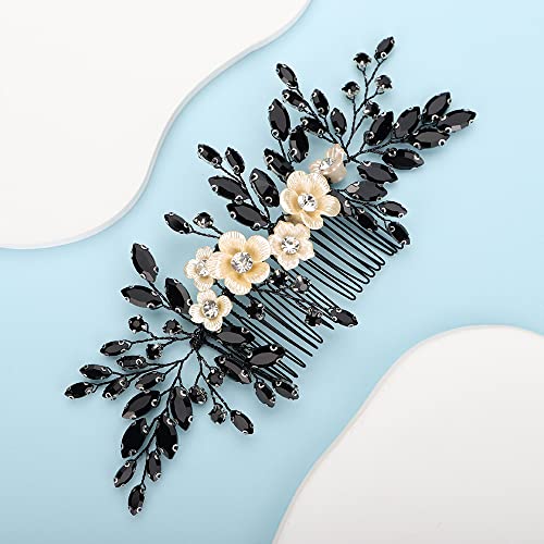 Bridal White Flower Black Crystal Rhinestone Hair Comb for Bride Bridesmaid Sliding side Headpieces Wedding Hair Accessories for Women and Girls (Black) - color: Black