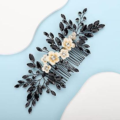 Bridal White Flower Black Crystal Rhinestone Hair Comb for Bride Bridesmaid Sliding side Headpieces Wedding Hair Accessories for Women and Girls (Black) - color: Black