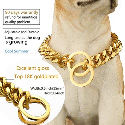 Adjustable 18K Gold Dog Collar Slip Choker Stianless Steel 15mm Big Dog Puppy Necklace Choke Chain Training Collar Cuban Link with Engraving Custom m - size: M