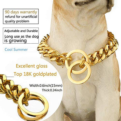 Adjustable 18K Gold Dog Collar Slip Choker Stianless Steel 15mm Big Dog Puppy Necklace Choke Chain Training Collar Cuban Link with Engraving Custom m - size: M