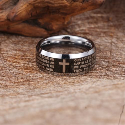 Fashion Month Mens 8mm Black Silver Tungsten Carbide Ring English Bible The Lords Prayer Cross Two-Tone Band for Him
