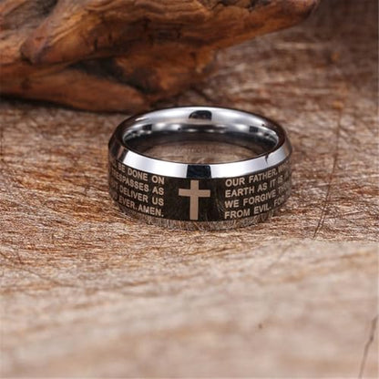 Fashion Month Mens 8mm Black Silver Tungsten Carbide Ring English Bible The Lords Prayer Cross Two-Tone Band for Him