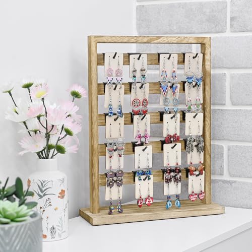 Ikee Design 2pcs Wood Jewelry Earring Display Rack 20 Removable Metal Hooks | Wooden 5 Tiers Jewelry Display Rack with Hooks: Comes with 20 removable metal hooks for earrings, earring cards, bracelets. - color: b) Oak, 2 Pieces