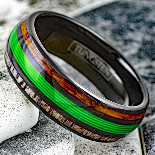 Ravishing 8mm Polished Black Tungsten Carbide Low Dome Band Ring with Green Fishing Line Between Whiskey Barrel Oak Wood and Deer Antler Inlays.