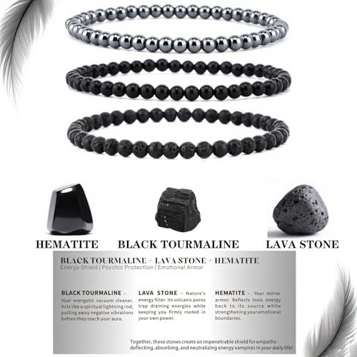 4mm 6mm 8mm Healing Crystal Bracelets for Women Men Natural Stone Beaded Stretch Bracelet Handmade Gemstone Reiki Spiritual Jewelry Gifts - color: Tourmaline+Lava+Hematite-Empath Protection, size: 4mm
