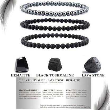 4mm 6mm 8mm Healing Crystal Bracelets for Women Men Natural Stone Beaded Stretch Bracelet Handmade Gemstone Reiki Spiritual Jewelry Gifts - color: Tourmaline+Lava+Hematite-Empath Protection, size: 4mm