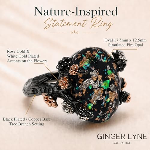 Henrietta Gothic Opal Ring for Women, Fantasy Promise Ring by Ginger Lyne | Simulated White Fire Opal, Cubic Zirconia Black Rose Gold Plated Bold Jewelry Statement Piece For Engagements, Gifts & Events - color: Black