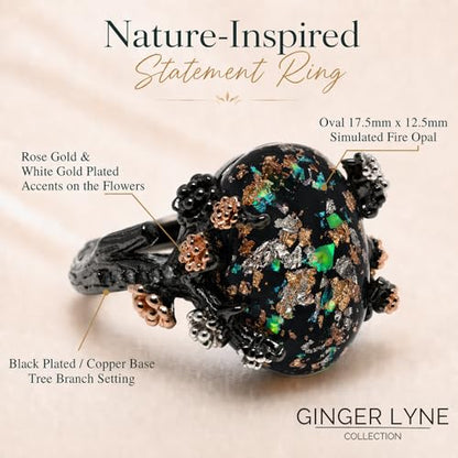 Henrietta Gothic Opal Ring for Women, Fantasy Promise Ring by Ginger Lyne | Simulated White Fire Opal, Cubic Zirconia Black Rose Gold Plated Bold Jewelry Statement Piece For Engagements, Gifts & Events - color: Black