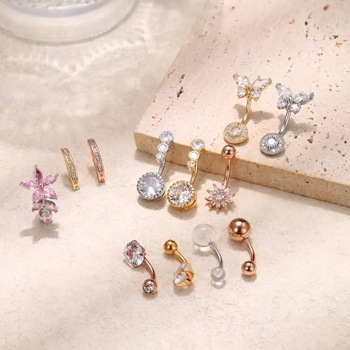 Dochais Pink Heart Belly Button Ring Piercing 8Pcs 14G Surgical Stainless Steel Navel Piercing Hypoallergenic Cute Created-opal Butterfly Belly Button Rings for Women - color: Rose Gold-1
