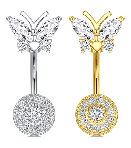 QWALIT Belly Button Ring Silver Gold Belly Rings Surgical Stainless Steel Belly Button Rings for Women Belly Button Piercing Jewelry Hypoallergenic Dangle Belly Button Ring Clicker Belly Ring Dangling - style: D5-Butterfly