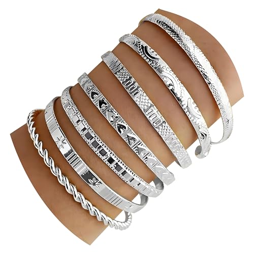 14k Gold-plated multi-layer stackable cuff Bracelet Sets for Women Adjustable Bohemian Open Bangle-Bracelets - color: silvery