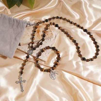 Rosary for Men Women, Natural Stone Beads with St. Benedict Bracelet | 8 mm Natural Stone Prayer Beads with 10 mm Accent Beads, St. Benedict Crucifix, Matching Bracelet, Gift Box and Pouch. - color: Tiger Eye