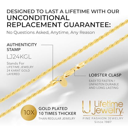 LIFETIME JEWELRY Gold Rope Chain for Men & Women - 24k Gold Necklace - Lifetime Replacement - Diamond Cut Real Gold Plated Chain - Heavy Duty Clasp - 3mm - color: Gold, size: 26 inches