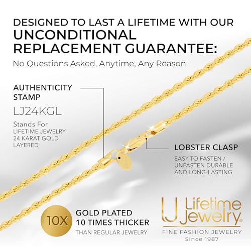 LIFETIME JEWELRY Gold Rope Chain for Men & Women - 24k Gold Necklace - Lifetime Replacement - Diamond Cut Real Gold Plated Chain - Heavy Duty Clasp - 3mm - color: Gold, size: 20 inches