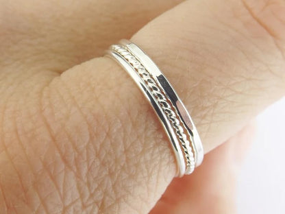 Solid 925 Sterling Silver Tone 3-Piece Stackable Set Smooth Hammered Twisted Texture Bands in Polished Handmade Women's Ring